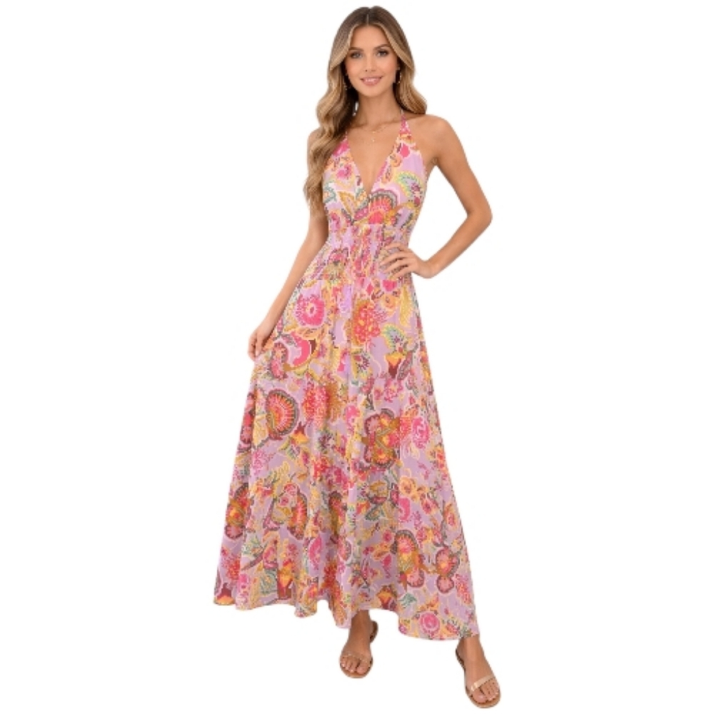 Chelsea & Violet Pink Multicolor Floral Halter Maxi Dress Size X Large NWT